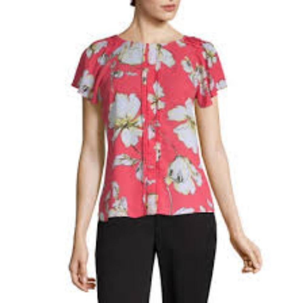 🔺️Worthington Coral Pink & White Floral Print Short Sleeve Top Petite Large